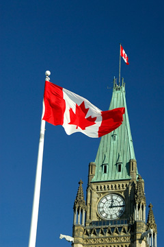 Canadian flag flying in Ottawa, Canada